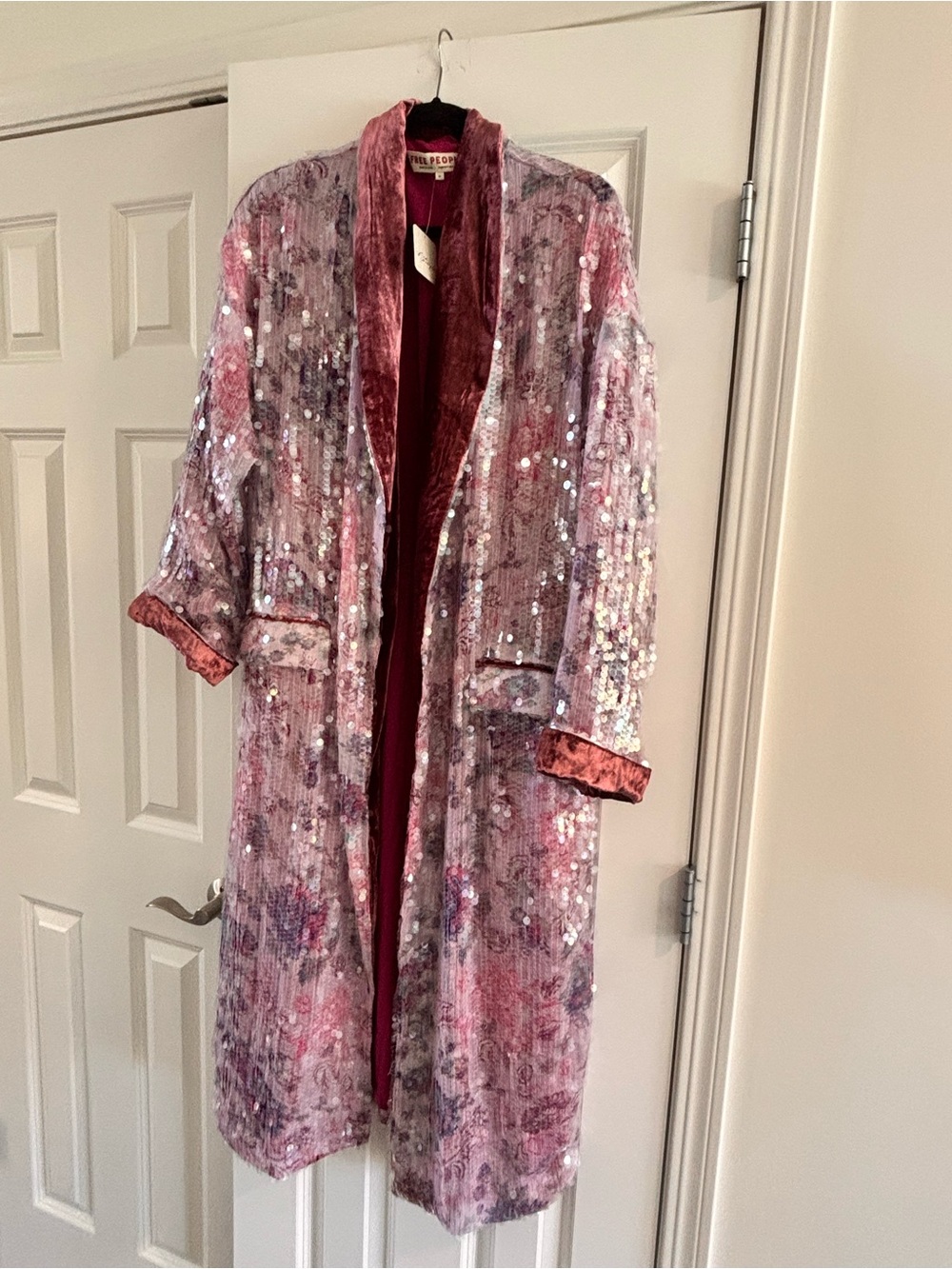 Free People Pink Sequin Velvet Longline Duster Coat